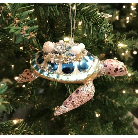 Sea Turtle Christmas Ornament Glass Aqua Blue Nautical Ocean Seaside Jeweled - Picture 1 of 7
